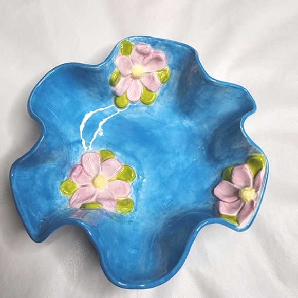 Handmade Ceramic Dish Glazed Blue with Pink Flowers 7" Unique Wavy Edge Bowl - Picture 11 of 14